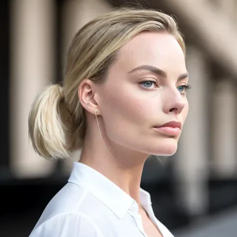 margot robbie,realistic,8K,detailed skin,(clevage:1.2), <lora:margotrobbie_v2:0.8> margotrobbie,detailed eyes,detailed skin,(very big lips,full lips,large lips:1.4),perfect body,white unbuttoned blouse,unbuttoned,neckline,big breast,high ponytail,blonde,breast focus,closed mouth,grey-blue eyes,narrow neck,neck muscles,cheekbones,jawline,