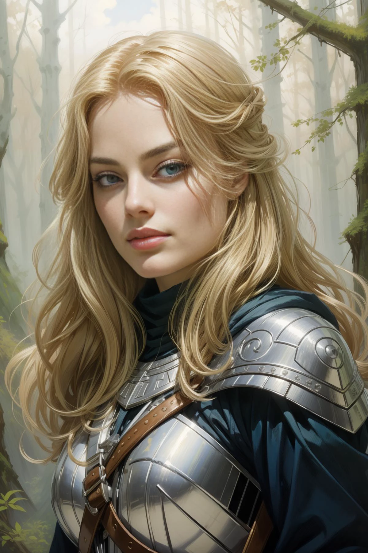 best quality, masterpiece, (<lora:margotrobbie_v2:1> margotrobbie, blonde hair, blue eyes), in the style of trevor goring, red hair, green eyes, (Style-SwampMagic:0.4), portrait, looking up, solo, half shot, detailed background, (<lora:ExpeditionStyle:0.6>, ExpeditionStyle theme:1.1) glowing eyes, gentle smile, gentle, light fantasy, bright clouds, floating feathers, arms raised, bright realistic lighting, serene forest in background, <lora:BearlySD:0.8> oil painting