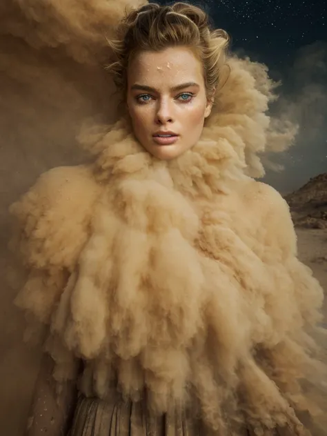 margotrobbie <lora:margotrobbie_v2:0.9>, perfect detailed eyes, 8k uhd, dslr, soft lighting, high quality, 4K, HDR, ((detailed face)), detailed body, High Detail, Dune, realistic, ((Very strong sandstorm)), filthy Aba robe, sahara, masterpiece,high quality, (engulfed by brown powder:1.2), fire particles, epic mist, at night, dark and moody background, billowing thick and heavy fog, gold filigree, epic clouds, nebulae, <lora:Storm_v1.0:1>, jawline, (blond),