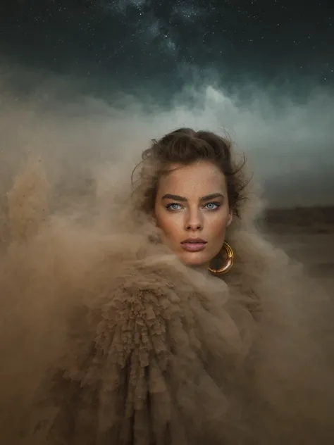 margotrobbie <lora:margotrobbie_v2:0.7>, perfect eyes, 8k uhd, dslr, soft lighting, high quality, 4K, HDR, ((detailed face)), detailed body, High Detail, Dune, realistic, ((Very strong sandstorm)), filthy Aba robe, sahara, masterpiece,high quality, (engulfed by brown powder:1.2), fire particles, epic mist, at night, dark and moody background, billowing thick and heavy fog, gold filigree, epic clouds, nebulae, <lora:Storm_v1.0:1>, jawline,