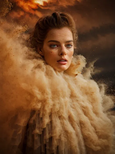 margotrobbie <lora:margotrobbie_v2:0.8>, perfect detailed eyes, 8k uhd, dslr, soft lighting, high quality, 4K, HDR, ((detailed face)), detailed body, High Detail, Dune, realistic, ((Very strong sandstorm)), filthy Aba robe, sahara, masterpiece,high quality, (engulfed by brown powder:1.2), fire particles, epic mist, at night, dark and moody background, billowing thick and heavy fog, red gold filigree, epic clouds, nebulae, <lora:Storm_v1.0:1>, jawline, (blond), ((FIRE)),