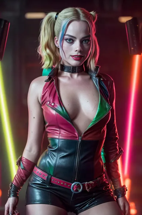 Margot Robbie as Harley Quinn, full leather outfit, futuristic warehouse filled with neon red and green background, superrealistic, hyperreal, detailed, movie poster, realistic skin, Fujifilm XT3, High Resolution Quality Image, Photoshoot (skin: 0.8, moles: 0.05), (highly detailed skin), margotrobbie <lora:margotrobbie_v2:1>,