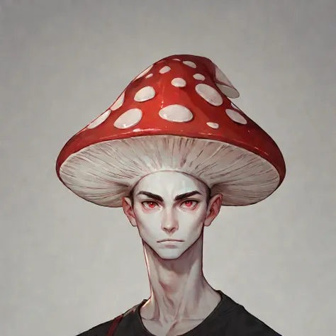 score_9, score_8_up, score_7_up, portrait, Myconid, Mushroom head, solo, 1boy, red hat, white skin, red eyes, looking at viewer, nose,  <lora:MyconidFantasy_DND:1>