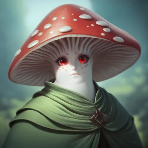 (((beautiful, hyper realistic, high quality))), portrait, score_9, score_8_up, score_7_up, Myconid, Mushroom head, short stature, 1girl, red hat, white skin, red eyes, green cape, fantasy background, blurred background