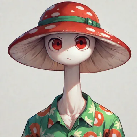 score_9, score_8_up, score_7_up, portrait, Myconid, Mushroom head, solo, 1boy, red hat, white skin, red eyes, looking at viewer, nose,  <lora:MyconidFantasy_DND:1>  long neck, hawaiian shirt,