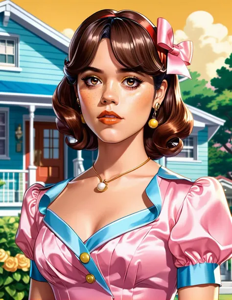 comic anime artwork Cinematic upper body portrait of Jenna Ortega dressed as a woman ((dressed as a woman from the 1950s, dressed in 1950s style outfit, 1950s style house, 1950s style hairstyle)). photorealistic image, 8k, artwork by greg rutkowski, DSLR photography,     <lora:Jenna_Realvis-000006:0.72> . anime style, key visual, vibrant, studio anime, highly detailed . graphic illustration, comic art, graphic novel art, vibrant, highly detailed