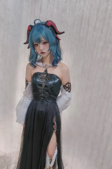 1girl, masterpiece,(black dress),blue hair,goat horns,full body