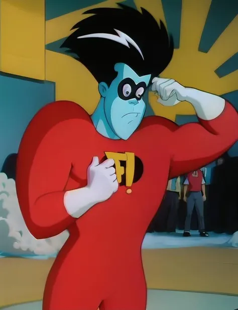 a cartoon character with a weird haircut with flash, <lora:kazzoid:0.9> 1boy, black hair, blue skin, character name, kazzoid, looking at viewer, male focus, solo, (toony:1.1), white gloves, close-up, in cartoon world, (red costume:1.2), super hero, photorealistic, sad, <lora:add_sharpness:0.7>, screenshot from the 1983 film