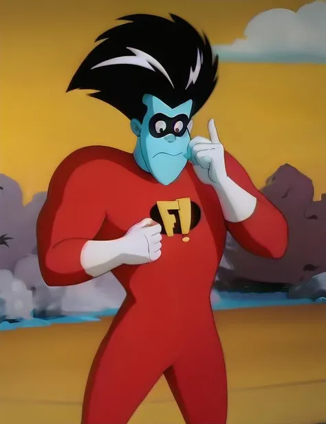 a cartoon character with a weird haircut with flash, <lora:kazzoid:0.9> 1boy, black hair, blue skin, character name, kazzoid, looking at viewer, male focus, solo, (toony:1.1), white gloves, close-up, in cartoon world, (red costume:1.2), super hero, photorealistic, sad, <lora:add_sharpness:0.7>, screenshot from the 1983 film