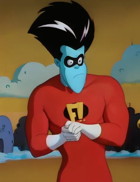 a cartoon character with a weird haircut with flash, <lora:kazzoid:0.9> 1boy, black hair, blue skin, character name, kazzoid, looking at viewer, male focus, solo, (toony:1.1), white gloves, close-up, in cartoon world, (red costume:1.2), super hero, photorealistic, sad,  <lora:add_sharpness:0.7>, screenshot from the 1983