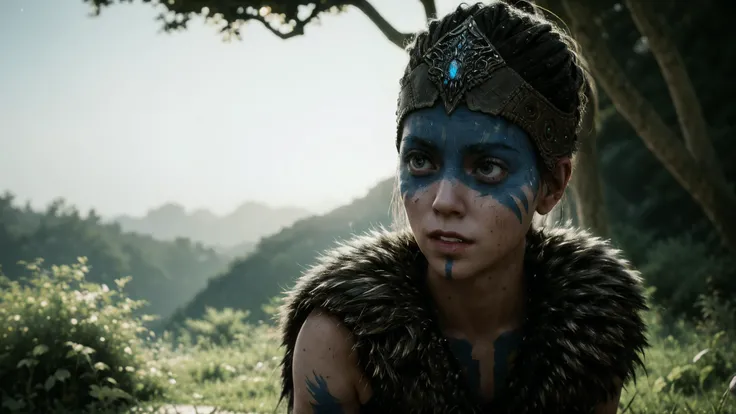 (portrait shot:1.1) stunning intricate photo of (a woman:1.1) as was-senua with blue facepaint, (extreme detail:1.2), (photorealistic, hyperrealistic:1.0), (detailed skin, visible pores:1.0), (detailed eyes, focus on the eyes:1.3), (leather and fur clothing:1.2), (sweat, scars, dirt, mud, blood:0.7), sharp focus, (cinematic lighting, dark lighting:1.1), (dynamic angle:1.0)