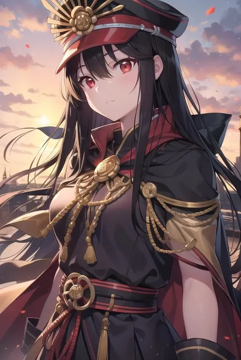 odanobunaga, <lora:odanobunaga-lora-nochekaiser:1>,
oda nobunaga, black hair, long hair, (red eyes:1.5),
BREAK chain, cloak, family crest, gloves, grey gloves, hat, military, military hat, military uniform, peaked cap, uniform,
BREAK looking at viewer,
BREAK outdoors,
BREAK <lyco:GoodHands-beta2:1>, (masterpiece:1.2), best quality, high resolution, unity 8k wallpaper, (illustration:0.8), (beautiful detailed eyes:1.6), extremely detailed face, perfect lighting, extremely detailed CG, (perfect hands, perfect anatomy),