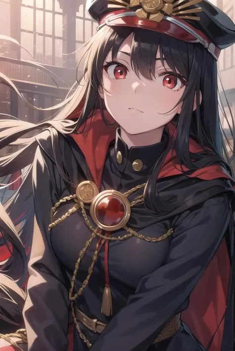 odanobunaga, <lora:odanobunaga-lora-nochekaiser:1>,
oda nobunaga, black hair, long hair, (red eyes:1.5),
BREAK chain, cloak, family crest, gloves, grey gloves, hat, military, military hat, military uniform, peaked cap, uniform,
BREAK looking at viewer,
BREAK outdoors,
BREAK <lyco:GoodHands-beta2:1>, (masterpiece:1.2), best quality, high resolution, unity 8k wallpaper, (illustration:0.8), (beautiful detailed eyes:1.6), extremely detailed face, perfect lighting, extremely detailed CG, (perfect hands, perfect anatomy),