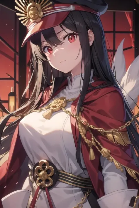 odanobunaga, <lora:odanobunaga-lora-nochekaiser:1>,
oda nobunaga, black hair, long hair, (red eyes:1.5),
BREAK chain, cloak, family crest, gloves, grey gloves, hat, military, military hat, military uniform, peaked cap, uniform, red cloak,
BREAK looking at viewer,
BREAK outdoors,
BREAK <lyco:GoodHands-beta2:1>, (masterpiece:1.2), best quality, high resolution, unity 8k wallpaper, (illustration:0.8), (beautiful detailed eyes:1.6), extremely detailed face, perfect lighting, extremely detailed CG, (perfect hands, perfect anatomy),