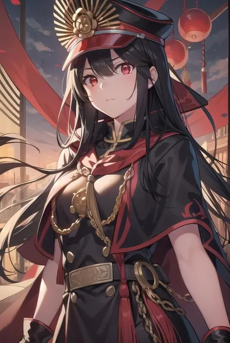 odanobunaga, <lora:odanobunaga-lora-nochekaiser:1>,
oda nobunaga, black hair, long hair, (red eyes:1.5),
BREAK chain, cloak, family crest, gloves, grey gloves, hat, military, military hat, military uniform, peaked cap, uniform,
BREAK looking at viewer,
BREAK outdoors,
BREAK <lyco:GoodHands-beta2:1>, (masterpiece:1.2), best quality, high resolution, unity 8k wallpaper, (illustration:0.8), (beautiful detailed eyes:1.6), extremely detailed face, perfect lighting, extremely detailed CG, (perfect hands, perfect anatomy),