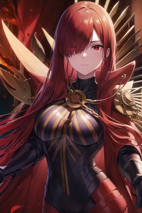 odanobunaga, <lora:oda nobunaga maou-lora-nochekaiser:1>,
oda nobunaga maou, (hair over one eye:1.5), long hair, (red eyes:1.5), red hair, smile, smirk,
BREAK armor, belt, black bodysuit, bodysuit, bracer, breastplate, cape, chain, collared cape, family crest, medallion, oda uri, popped collar, red cape, sheath, thighs,
BREAK outdoors, fire, hell, volcano,
BREAK looking at viewer, (cowboy shot:1.5),
BREAK <lyco:GoodHands-beta2:1>, (masterpiece:1.2), best quality, high resolution, unity 8k wallpaper, (illustration:0.8), (beautiful detailed eyes:1.6), extremely detailed face, perfect lighting, extremely detailed CG, (perfect hands, perfect anatomy),