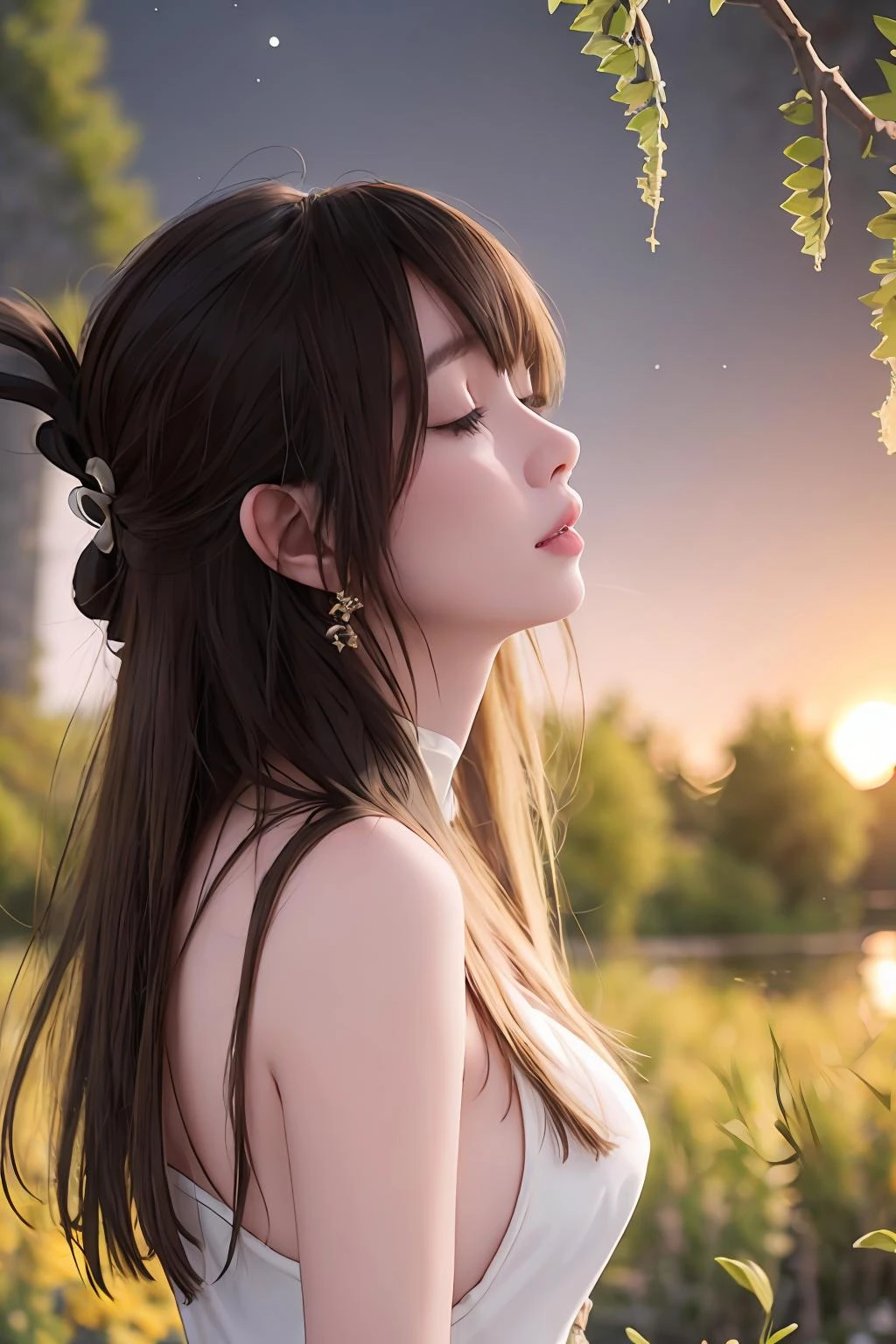 A woman with long hair sits with her hair hanging in the air,<lora:small_straw_hat_lbc:0.6>,(water bloom), (delicate glow), (breeze), long Flowers meadow,((sunset)), (less stars form a circle), randomly distributed clouds, (rivers), (willows with branches falling into the water),