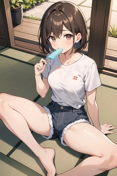 1girl,tomboy,brown hair,short hair,medium breasts,white t- shirt,shorts,eating ice pop,Japanese-style veranda floor,sitting,spread legs