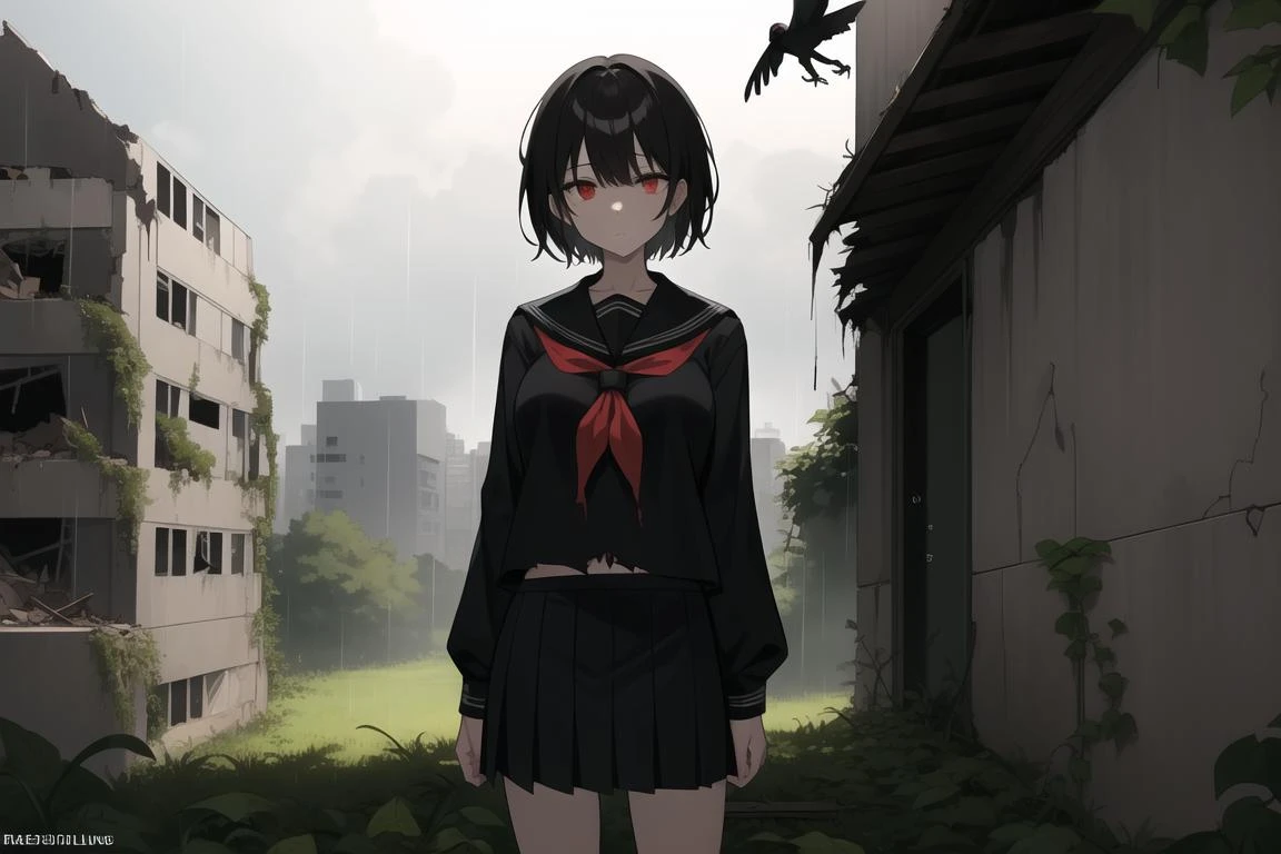 1girl,black short hair,red eyes,medium breasts,black serafuku,skirt,torn clothes,standing,expressionless,cowboy shot,shading face,look at viewer,(crows),abandoned building, old and crumbling, ivy growing up the walls, broken windows, overgrown weeds, rain falling, dark and gloomy, feeling hopeless and alone,