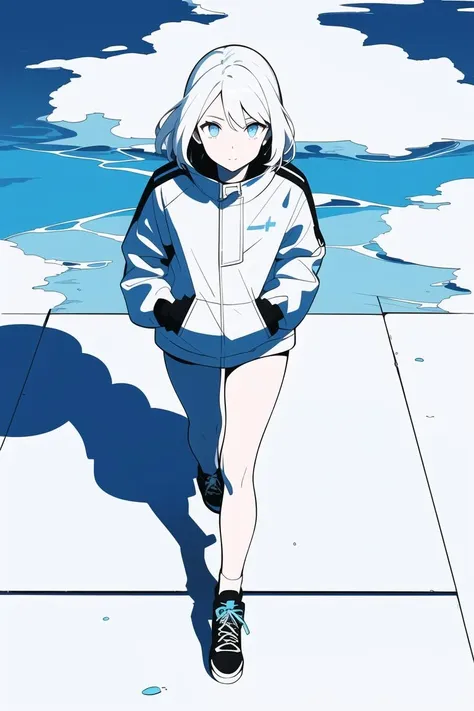 (1girl) ,solo,(high contrast:1.2),(high saturation:1.2), hands on the pocket,looking at viewer,((white and light blue theme:1.3)),white and
light blue background,white hair,blue eyes,((walking:1.3)),full body,black footwear,(the light blue water on sky and white cloud and day),((from above:1.2)),