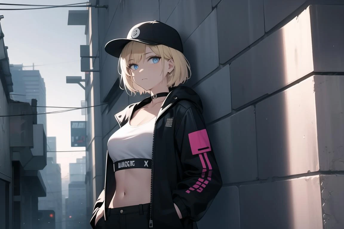 blonde short hair, closed mouth,gyaru,medium breasts, midriff, choker, navel, jacket, hat, blue eyes, alley, hand in pocket, cyberpunk, expressionless, upper body, looking at viewer, a girl standing against wall, spray paint, daub, scrawl, garbage truck, from side, neon light, raining, building,