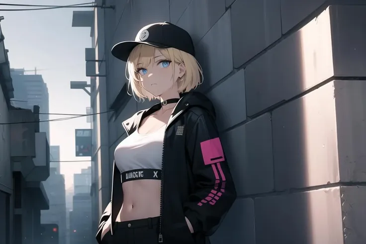 blonde short hair, closed mouth,gyaru,medium breasts, midriff, choker, navel, jacket, hat, blue eyes, alley, hand in pocket, cyberpunk, expressionless, upper body, looking at viewer, a girl standing against wall, spray paint, daub, scrawl, garbage truck, from side, neon light, raining, building,