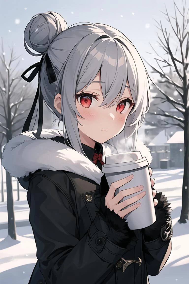 1girl,red eyes, disposable cup, looking at viewer, holding cup, outdoors, snow, long sleeves, bangs, coffee cup, tree, closed mouth, bare tree, fur trim, hair between eyes, bag, winter, black ribbon, snowing, grey hair, coat, hair ribbon, hair bun, upper body, sidelocks, blush, fur collar,steam