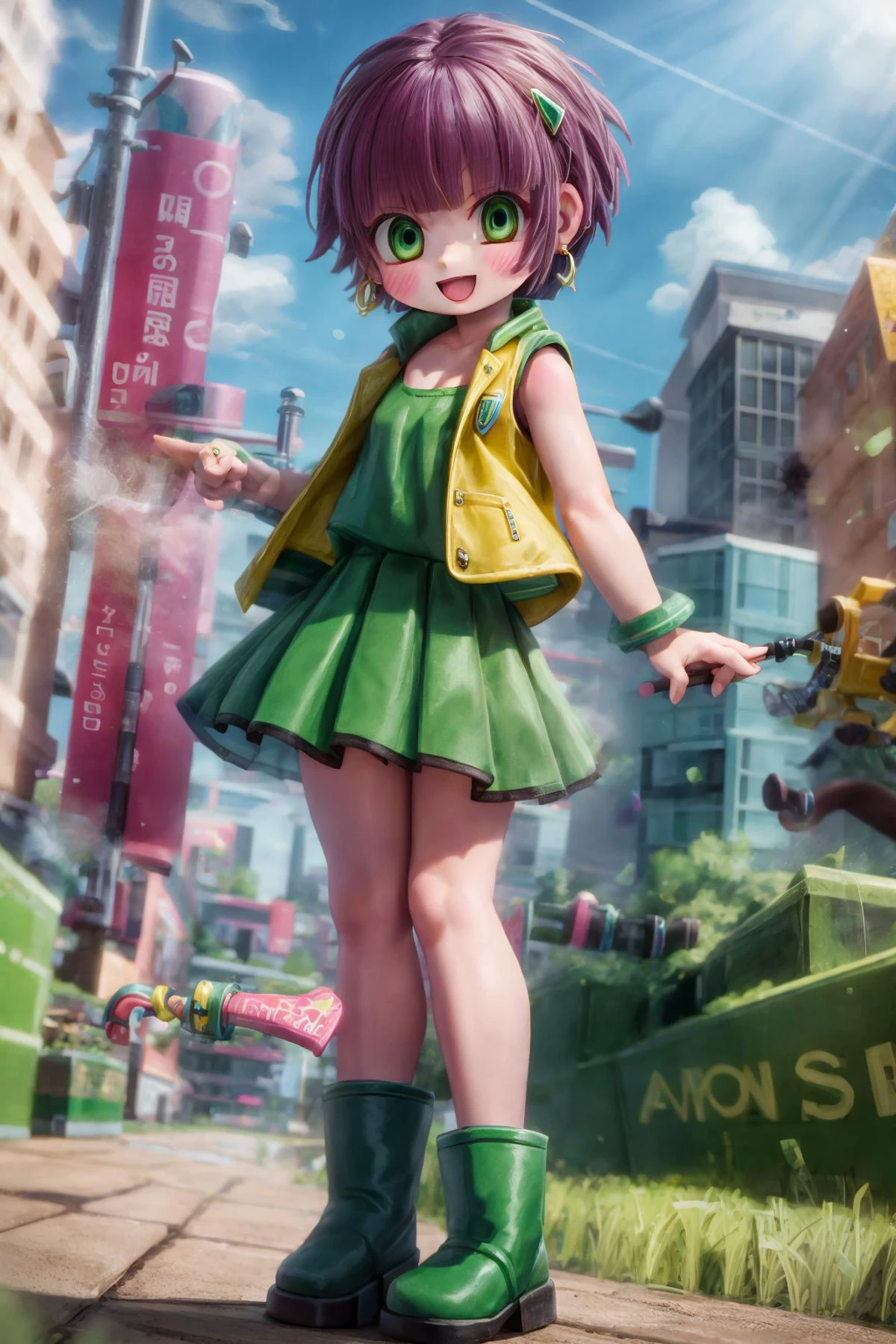 ppgzbtc, green eyes, short hair, earrings, yellow vest, green skirt, boots, standing, :d, city <lora:PPGZ-Powered_Buttercup-000005:1>