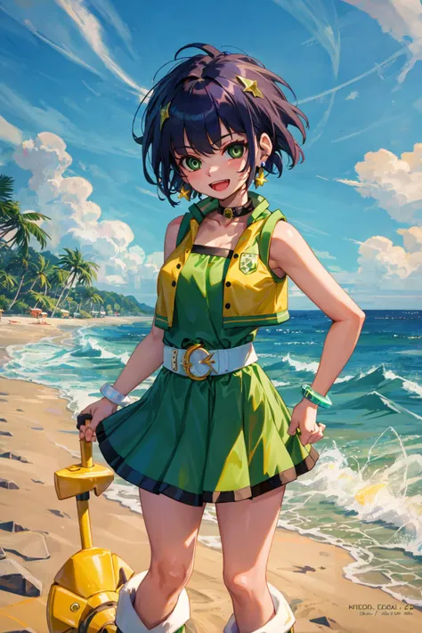 ppgzbtc, green eyes, short hair, earrings, yellow vest, green skirt, boots, standing, :d, beach <lora:PPGZ-Powered_Buttercup-000005:1>