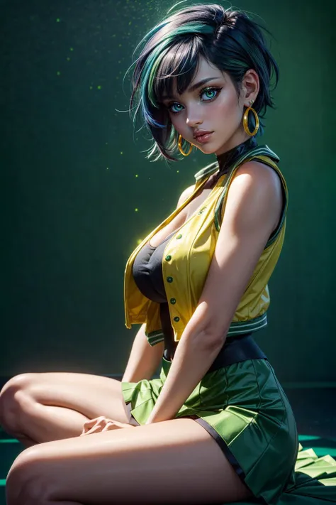(ultra realistic,32k, masterpiece:1.2),(high detailed skin:1.1),( high quality:1.1),
<lora:PPGZ-Powered_Buttercup:0.8>ppgzbtc,dark blue hair, green eyes, short hair, earrings, yellow vest, green skirt, boots, blank background, huge breast,large breast,(looking at viewer, Bend forward:1.1),, <lora:add_detail:0.95>,
(backlight:1.1),