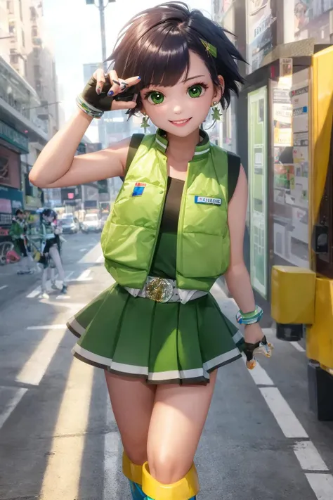 ppgzbtc, green eyes, short hair, earrings, yellow vest, green skirt, boots, standing, smile, city <lora:PPGZ-Powered_Buttercup-000005:1>