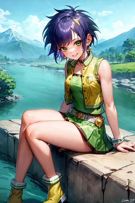 ppgzbtc, green eyes, short hair, earrings, yellow vest, green skirt, boots, sitting, smile, mountain, river <lora:PPGZ-Powered_Buttercup-000005:1>
