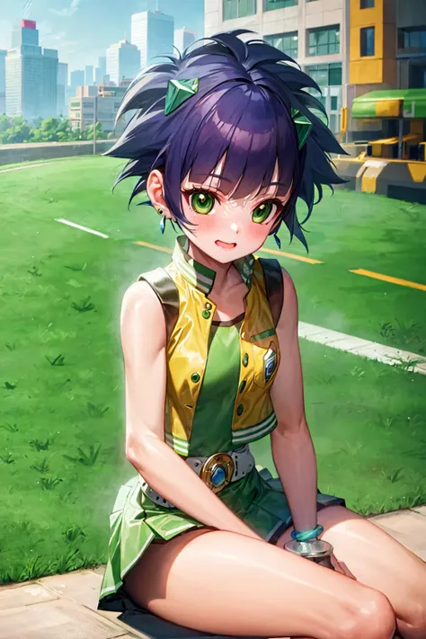 ppgzbtc, green eyes, short hair, earrings, yellow vest, green skirt, boots, sitting, embarrassed, city <lora:PPGZ-Powered_Buttercup-000005:1>