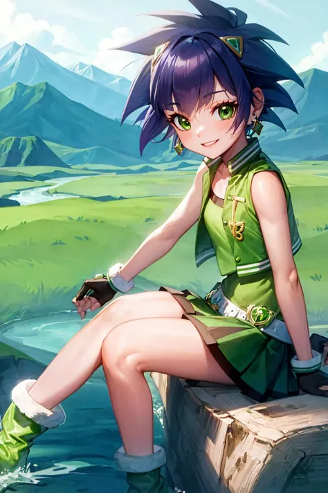 ppgzbtc, green eyes, short hair, earrings, yellow vest, green skirt, boots, sitting, smile, mountain, river <lora:PPGZ-Powered_Buttercup-000005:1>
