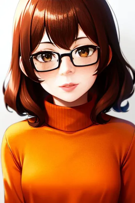 velma dace dinkley, 1girl, blush, breasts, brown_eyes, brown_hair, freckles, glasses, medium breasts, lips, looking_at_viewer, nose, orange_shirt, orange_sweater, short_hair, smile, sweater, turtleneck, turtleneck_sweater, style-princess