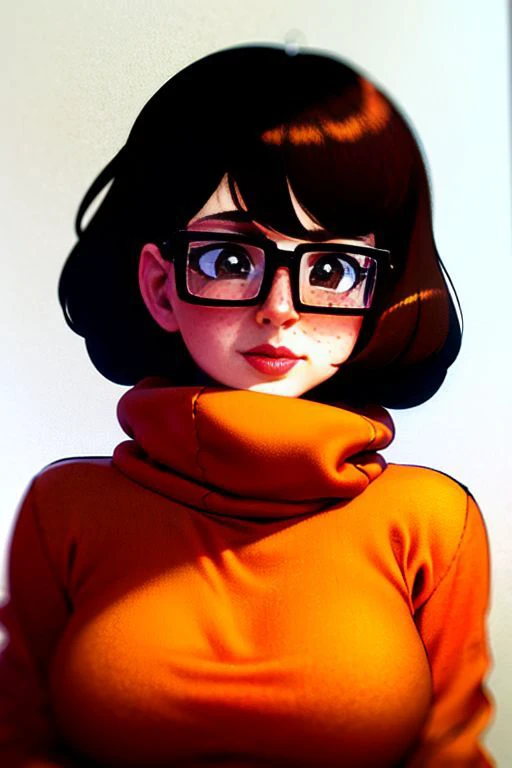velma dace dinkley, 1girl, blush, breasts, brown_eyes, brown_hair, freckles, glasses, medium breasts, lips, looking_at_viewer, nose, orange_shirt, orange_sweater, short_hair, smile, sweater, turtleneck, turtleneck_sweater