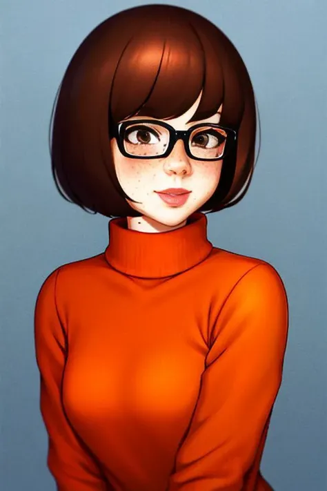 velma dace dinkley, 1girl, blush, breasts, brown_eyes, brown_hair, freckles, glasses, medium breasts, lips, looking_at_viewer, nose, orange_shirt, orange_sweater, short_hair, smile, sweater, turtleneck, turtleneck_sweater,