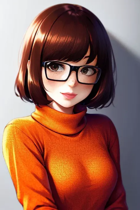 velma dace dinkley, 1girl, blush, breasts, brown_eyes, brown_hair, freckles, glasses, medium breasts, lips, looking_at_viewer, nose, orange_shirt, orange_sweater, short_hair, smile, sweater, turtleneck, turtleneck_sweater, style-princess