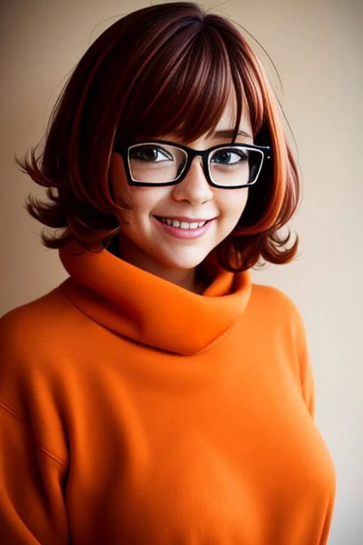 velma dace dinkley, 1girl, blush, breasts, brown_eyes, brown_hair, freckles, glasses, medium breasts, lips, looking_at_viewer, nose, orange_shirt, orange_sweater, short_hair, smile, sweater, turtleneck, turtleneck_sweater