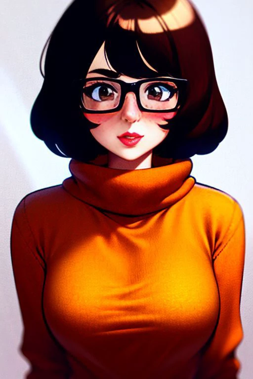 velma dace dinkley, 1girl, blush, breasts, brown_eyes, brown_hair, freckles, glasses, medium breasts, lips, looking_at_viewer, nose, orange_shirt, orange_sweater, short_hair, smile, sweater, turtleneck, turtleneck_sweater