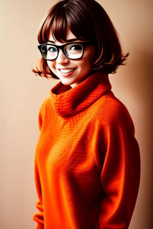 velma dace dinkley, 1girl, blush, breasts, brown_eyes, brown_hair, freckles, glasses, medium breasts, lips, looking_at_viewer, nose, orange_shirt, orange_sweater, short_hair, smile, sweater, turtleneck, turtleneck_sweater