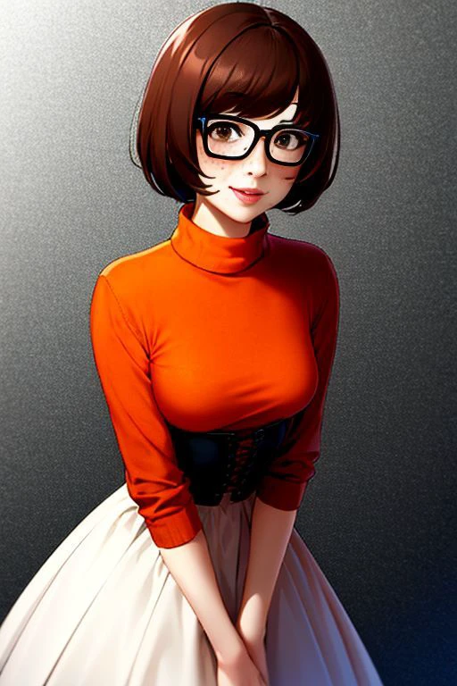velma dace dinkley, 1girl, blush, breasts, brown_eyes, brown_hair, freckles, glasses, medium breasts, lips, looking_at_viewer, nose, orange_shirt, orange_sweater, short_hair, smile, sweater, turtleneck, turtleneck_sweater, style-princess