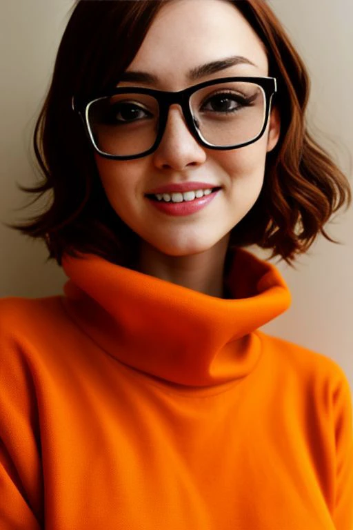velma dace dinkley, 1girl, blush, breasts, brown_eyes, brown_hair, freckles, glasses, medium breasts, lips, looking_at_viewer, nose, orange_shirt, orange_sweater, short_hair, smile, sweater, turtleneck, turtleneck_sweater