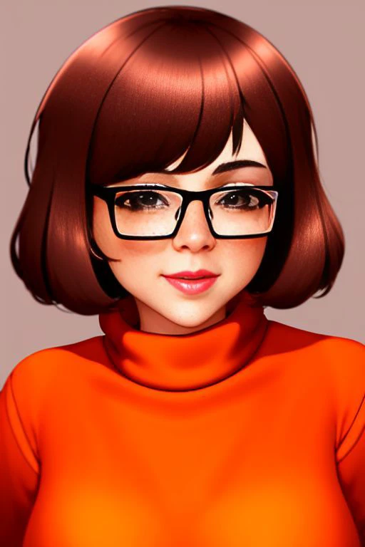 velma dace dinkley, 1girl, blush, breasts, brown_eyes, brown_hair, freckles, glasses, medium breasts, lips, looking_at_viewer, nose, orange_shirt, orange_sweater, short_hair, smile, sweater, turtleneck, turtleneck_sweater