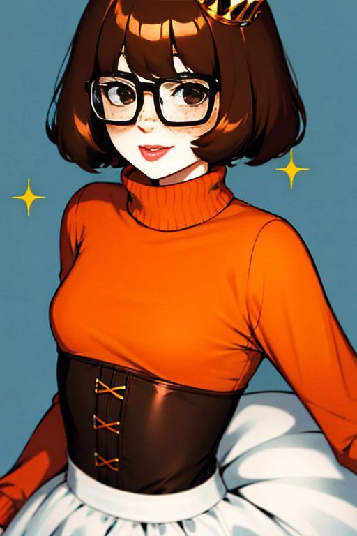 velma dace dinkley, 1girl, blush, breasts, brown_eyes, brown_hair, freckles, glasses, medium breasts, lips, looking_at_viewer, nose, orange_shirt, orange_sweater, short_hair, smile, sweater, turtleneck, turtleneck_sweater, style-princess