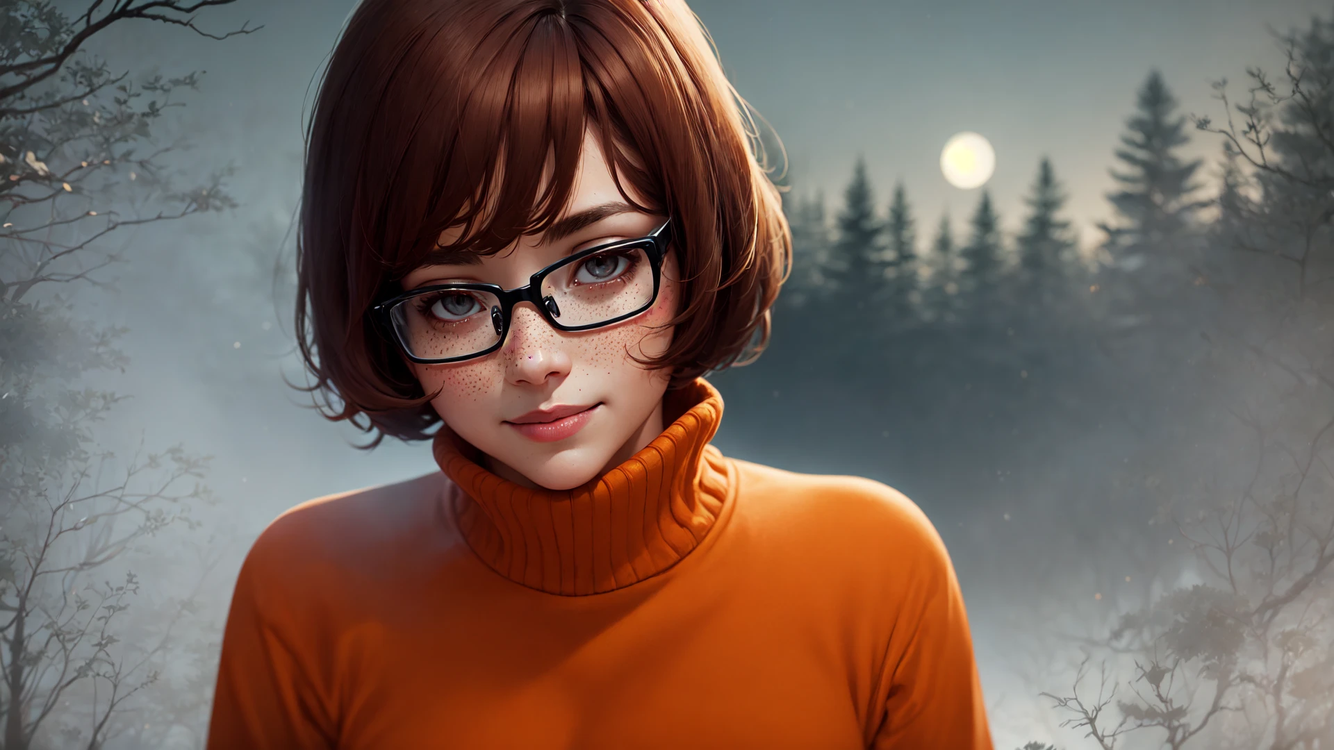 masterpiece, depth of field, photorealistic, absurdres, best quality, 8k, best quality, 1girl, female, mature, portrait, perfect lighting, cinematic lighting, looking at viewer, <lora:CHAR-Velma:0.9>, velma dace dinkley, solo, blush, breasts, brown eyes, (dark brown hair:1.2), freckles, glasses, medium breasts, lips, looking at viewer, nose, orange shirt, (orange sweater:1.2), short hair, smile, sweater, (turtleneck:1.2), turtleneck sweater, portrait, woods, forest, pine, (night:1.2), (creepy:1.2), dark, shadows, shadow, moon, smile, depth of field, abandonned, happy, magnificant glass, fog,