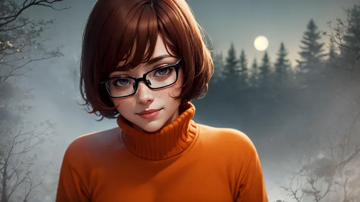 masterpiece, depth of field, photorealistic, absurdres, best quality, 8k, best quality, 1girl, female, mature, portrait, perfect lighting,  cinematic lighting,  looking at viewer, <lora:CHAR-Velma:0.9>, velma dace dinkley,  solo, blush, breasts, brown eyes, (dark brown hair:1.2), freckles, glasses, medium breasts, lips, looking at viewer, nose, orange shirt, (orange sweater:1.2), short hair, smile, sweater, (turtleneck:1.2), turtleneck sweater, portrait, woods, forest, pine, (night:1.2), (creepy:1.2), dark, shadows, shadow, moon, smile, depth of field, abandonned, happy, magnificant glass,  fog,