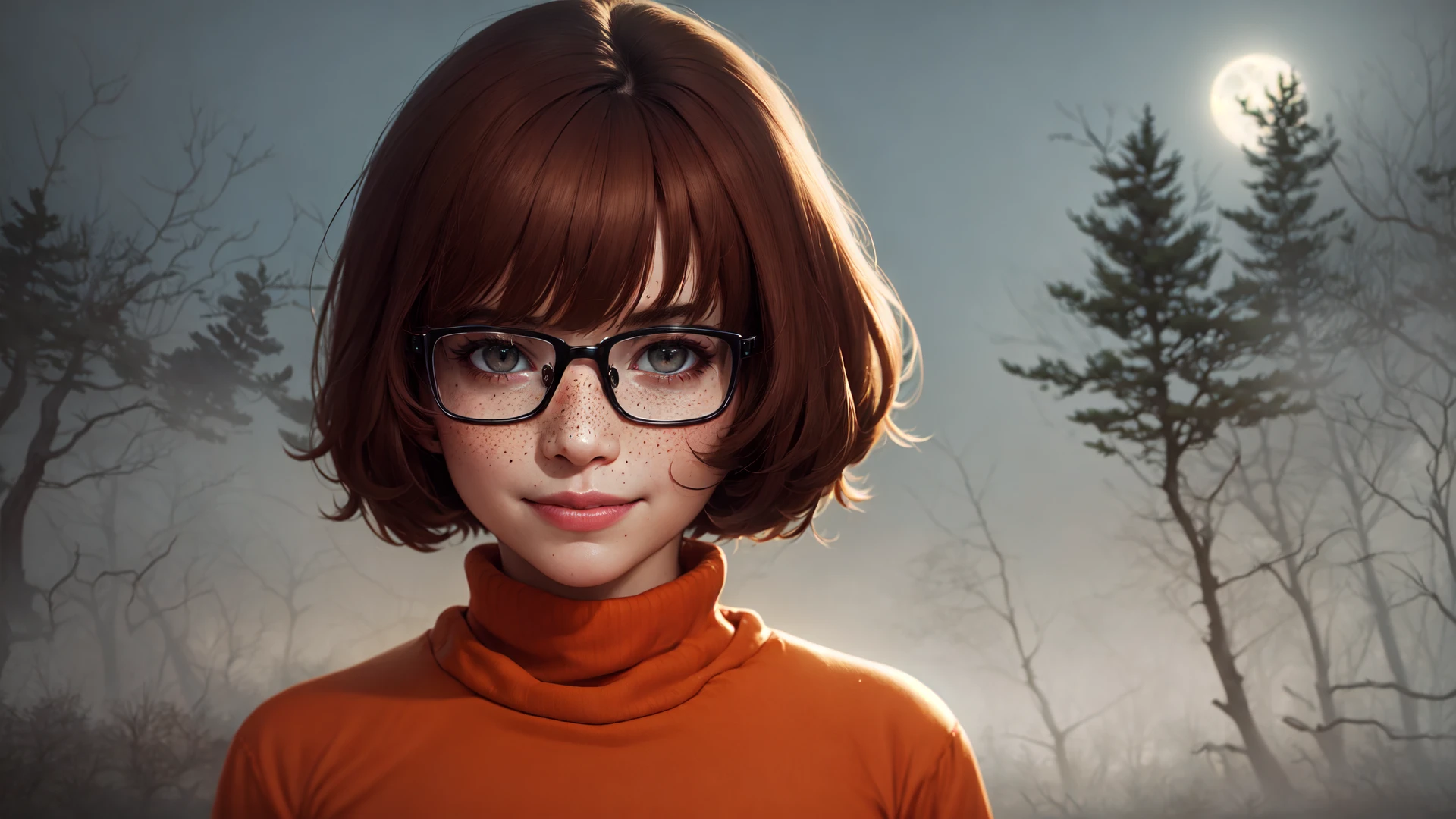 masterpiece, depth of field, photorealistic, absurdres, best quality, 8k, best quality, 1girl, female, mature, portrait, perfect lighting, cinematic lighting, looking at viewer, <lora:CHAR-Velma:0.9>, velma dace dinkley, solo, blush, breasts, brown eyes, (dark brown hair:1.2), freckles, glasses, medium breasts, lips, looking at viewer, nose, orange shirt, (orange sweater:1.2), short hair, smile, sweater, (turtleneck:1.2), turtleneck sweater, portrait, woods, forest, pine, (night:1.2), (creepy:1.2), dark, shadows, shadow, moon, smile, depth of field, abandonned, happy, magnificant glass, fog,