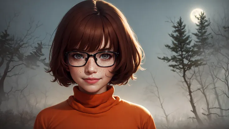 masterpiece, depth of field, photorealistic, absurdres, best quality, 8k, best quality, 1girl, female, mature, portrait, perfect lighting,  cinematic lighting,  looking at viewer, <lora:CHAR-Velma:0.9>, velma dace dinkley,  solo, blush, breasts, brown eyes, (dark brown hair:1.2), freckles, glasses, medium breasts, lips, looking at viewer, nose, orange shirt, (orange sweater:1.2), short hair, smile, sweater, (turtleneck:1.2), turtleneck sweater, portrait, woods, forest, pine, (night:1.2), (creepy:1.2), dark, shadows, shadow, moon, smile, depth of field, abandonned, happy, magnificant glass,  fog,