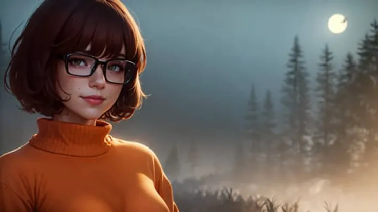 masterpiece, depth of field, photorealistic, absurdres, best quality, 8k, best quality, 1girl, female, mature, portrait, perfect lighting, cinematic lighting, looking at viewer, <lora:CHAR-Velma:0.9>, velma dace dinkley, solo, blush, breasts, brown eyes, (dark brown hair:1.2), freckles, glasses, medium breasts, lips, looking at viewer, nose, orange shirt, (orange sweater:1.2), short hair, smile, sweater, (turtleneck:1.2), turtleneck sweater, portrait, woods, forest, pine, (night:1.2), (creepy:1.2), dark, shadows, shadow, moon, smile, depth of field, abandonned, happy, magnificant glass, fog,